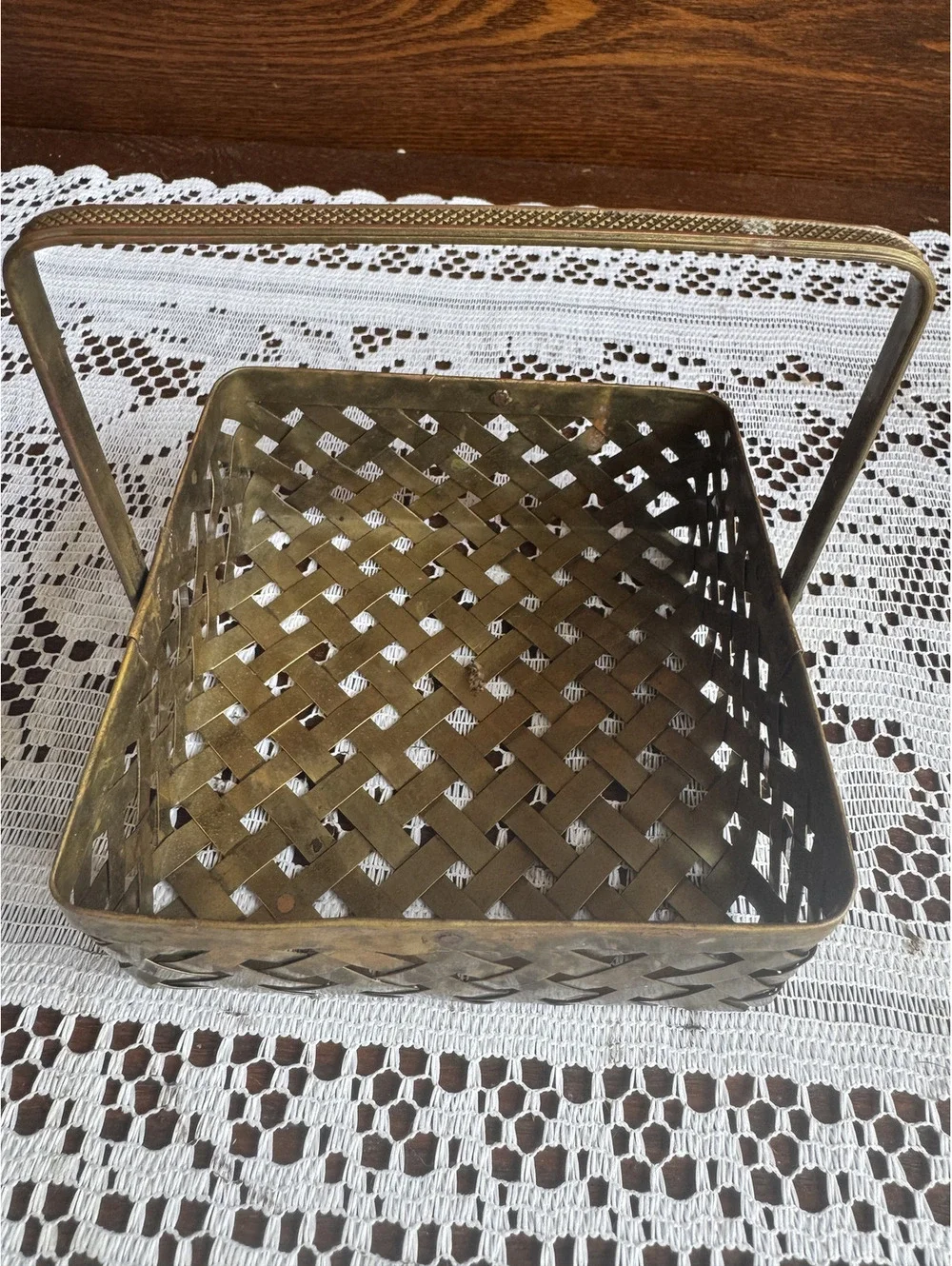 Vintage Handmade Brass Woven Basket with Handle